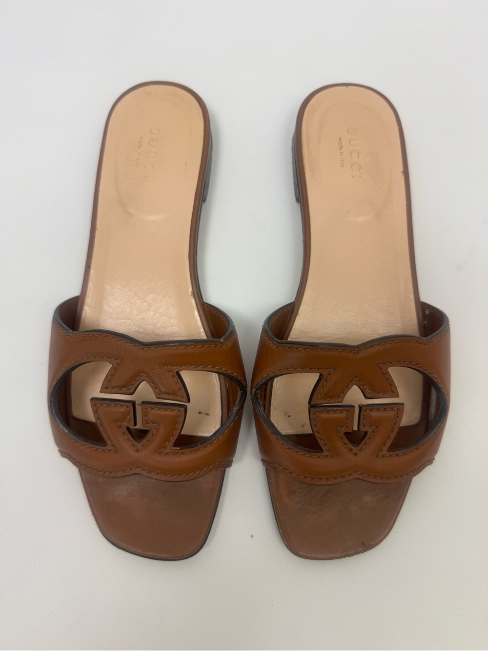 Gucci Tan Brown Leather GG Cutout Slide Mules